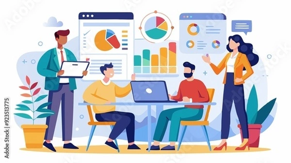 Fototapeta Data-driven decision making for business growth. This scene portrays the team analyzing data to inform strategic choices, emphasizing the use of analytics for informed decision-making.