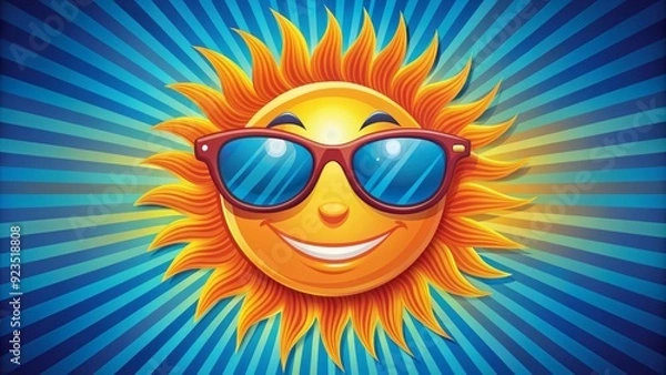 Fototapeta Vibrant, stylized illustration of a smiling face with Sunglasses and a bright sun bursting out from behind, symbolizing joy, freedom, and endless summer vibes.