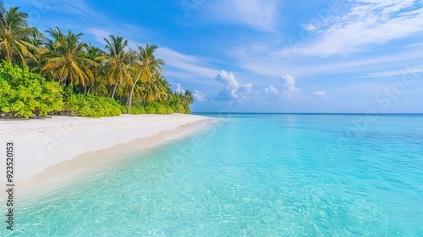 Fototapeta Secluded Tropical Beach with Crystal-Clear Turquoise Water and Swaying Palm Trees. AI generated illustration