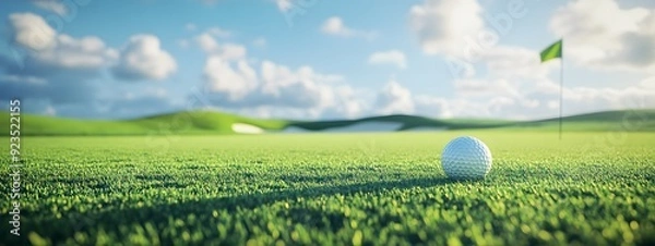 Obraz A golf ball rests on the green grass near a hole, with a flag in the background