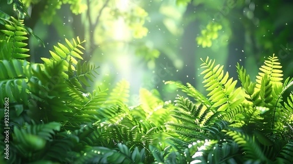 Fototapeta Detailed view of lush green fern leaves in a forest setting.