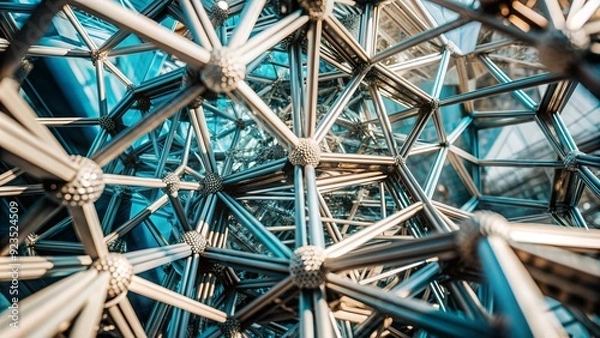 Fototapeta An abstract architectural structure composed of interconnected metallic elements, representing modern engineering and design concepts with a focus on innovation and structural complexity.

