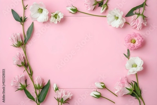 Fototapeta Empty flower frame made of eustoma on a pink pastel background. Greeting card template with copyspace. Springtime holidays concept.
