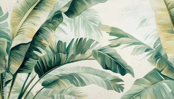 Obraz On the interior of the house, there is texture wallpaper with a tropical tree with large leaves on a watercolor background