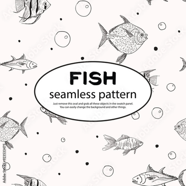 Obraz Stylish modern seamless fish pattern. Aquarium popular theme. Hand drawn fish black and white pattern for print on many items.