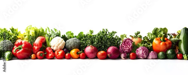 Fototapeta vegetables arrange in line on white background with copy space