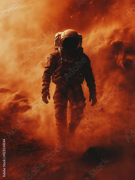 Fototapeta Astronaut exploring Mars surface in orange dusty storm atmosphere, futuristic space travel concept for science fiction and planetary exploration themes