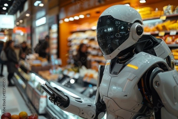 Fototapeta Humanoid Robot Assisting Shoppers in Busy Grocery Store During Daytime Hours