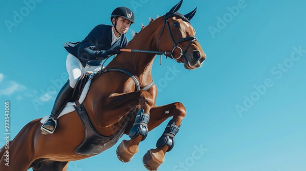 Obraz Focused male equestrian riding a brown horse mid-jump against a clear blue sky, demonstrating precision and strength in equestrian sports.