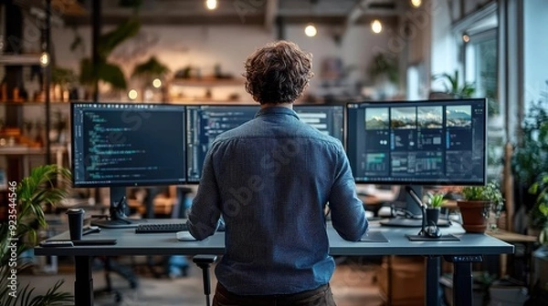 Obraz Person working at a standing desk with multiple monitors, showcasing an ergonomic and efficient workspace setup