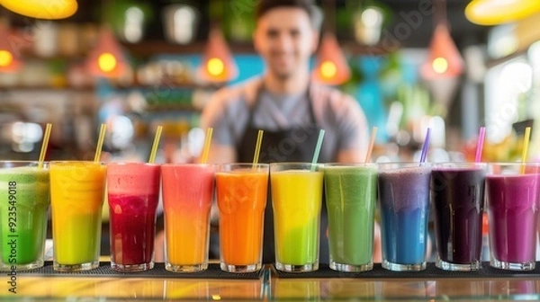 Fototapeta Colorful fresh fruit juice drink in a row on table in a fruit drink store