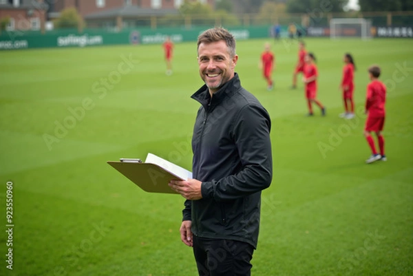 Fototapeta photo of coach instructor trainer teaching teenage player at soccer field, generative AI