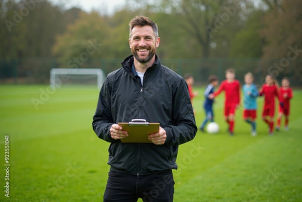 Fototapeta photo of coach instructor trainer teaching teenage player at soccer field, generative AI