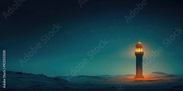 Obraz Glowing minaret stands tall in the desert night, its warm light a beacon of hope and faith, commemorating the birth of the prophet Muhammad. Banner. Copy space