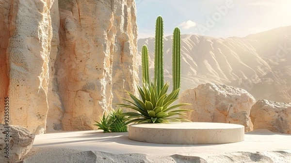 Obraz A 3D rendering of a podium with a cactus product background and a desert display platform.