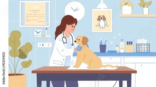 Fototapeta A veterinarian gently checks a golden retriever in a cheerful, well-lit clinic setting