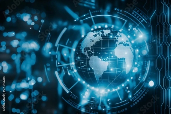 Obraz A digital representation of Earth with a futuristic, technological overlay.