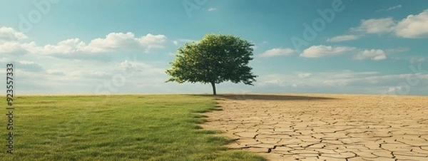 Obraz A tree in the middle of an open field, half with green grass and the other half dry desert, a striking visual representation of climate change