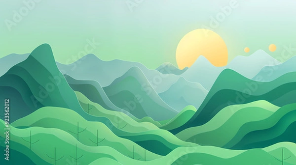 Fototapeta Green nature mountains landscape.3d Paper cut abstract minimal nature scene, template background.Vector illustration.