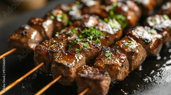 Obraz Juicy grilled beef kebabs, skewers of marinated meat chunks, caramelized glazed surface, green herb garnish, close-up detailed food photography, black marble table background.