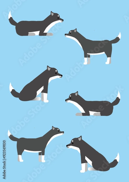 Fototapeta いろんなポーズの黒柴犬のイラスト