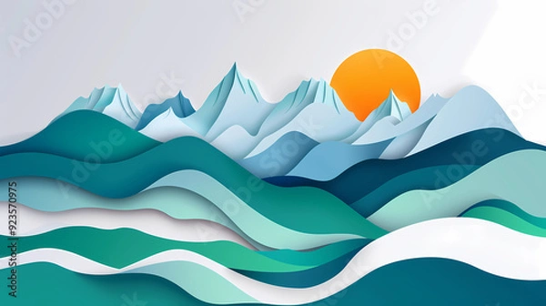 Fototapeta mountains landscape.3d Paper cut abstract minimal nature scene, template background.Vector illustration.