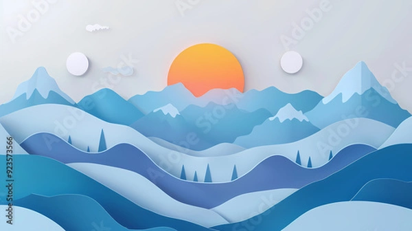 Fototapeta mountains landscape.3d Paper cut abstract minimal nature scene, template background.Vector illustration.