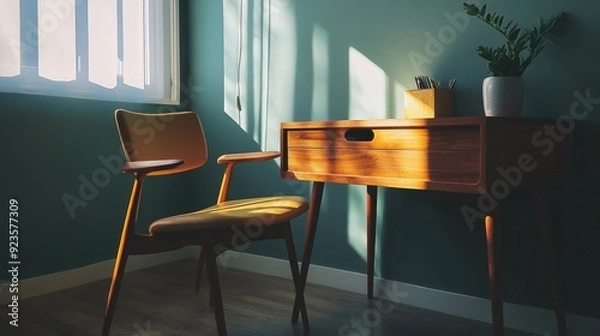 Fototapeta A contemporary wooden chair with a minimalist design, set next to a wooden desk in a well-lit office space.