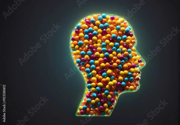 Fototapeta Colorful Beads Arranged in the Shape of a Human Profile Against a Dark Background