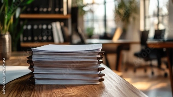 Fototapeta A neatly organized stack of document files on a wooden table in a modern office setting.