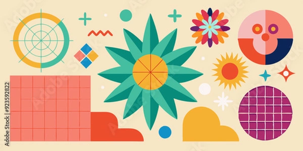 Fototapeta Geometric abstract flower shape set, star figure vector icon kit, funky retro brutal minimal art. Simple Memphis y2k elements collection, floral grid flat bauhaus template. Abstract flower forms