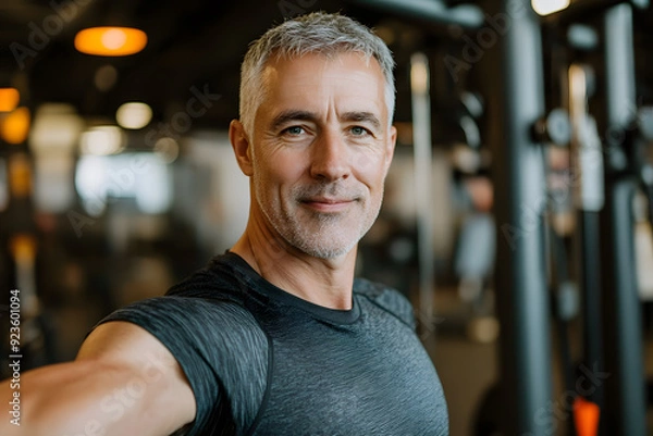 Fototapeta Senior man with grey hair working out in a gym