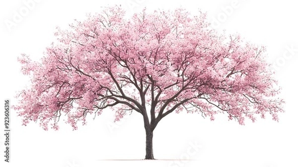 Fototapeta Delicate Pink Cherry Blossom Tree in Full Bloom on White Backdrop