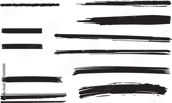 Fototapeta Variegated Grunge Brush Strokes Collection on White Background. An assorted assortment of black grunge brush strokes perfect for textured designs and artistic graphics, isolated on white. Vector brus