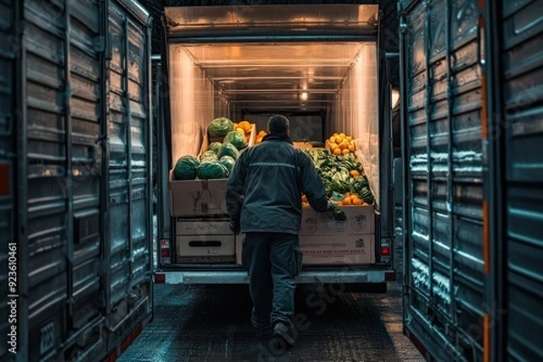 Fototapeta A person unloading fresh produce from a delivery truck in a dimly lit environment.