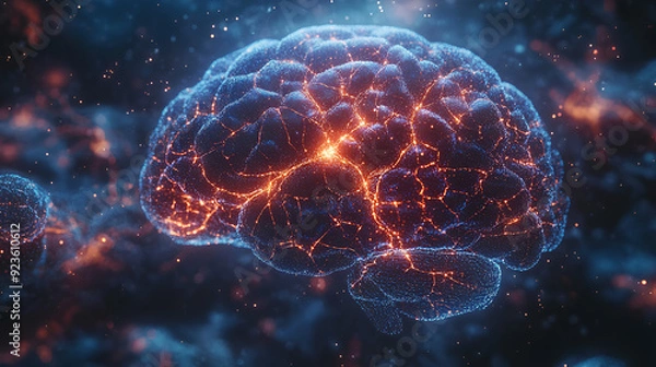 Fototapeta Abstract brain with glowing connections on blue background