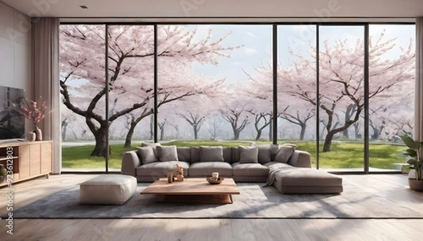 Fototapeta Modern living room interior with large glass window looking out to blooming sakura tree. Generative AI