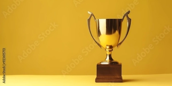 Fototapeta A golden trophy standing on a wooden base is displayed against a solid yellow background, symbolizing achievement.