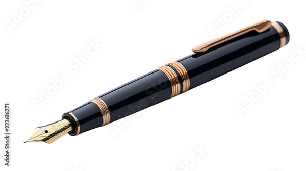 Fototapeta Stylish black fountain black pen isolated on cut out PNG or transparent background. Fountain pen is that can hold ink in cartridge. Realistic equipment stationery template pattern.