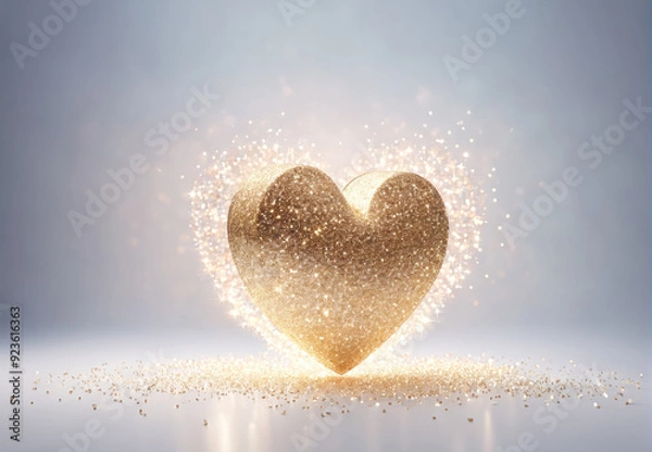 Fototapeta A Glittering Gold Heart Surrounded by Sparkles and Light on a Soft Surface