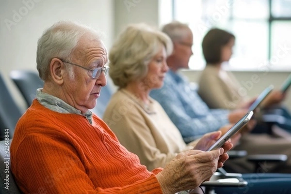 Obraz Seniors in a classroom setting, each holding a tablet and learning to download and use new applications