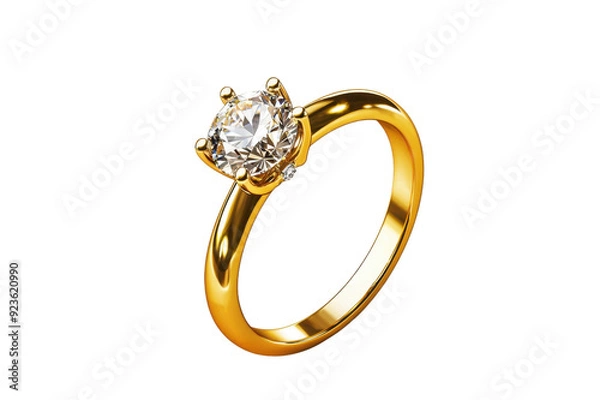 Fototapeta Shiny gold engagement ring with round brilliant cut diamond solitaire cut out isolated Transparent PNG Elements