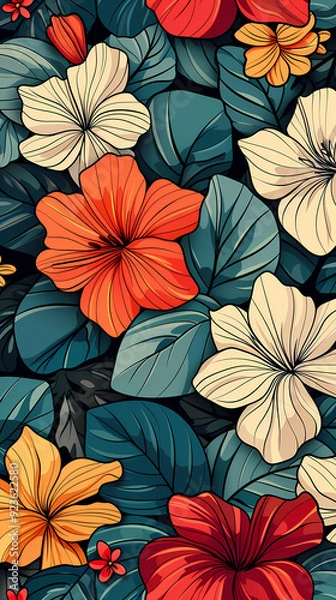 Fototapeta Seamless pattern with flowers, leaves, and abstract colors for a vintage wallpaper or nature-inspired design.