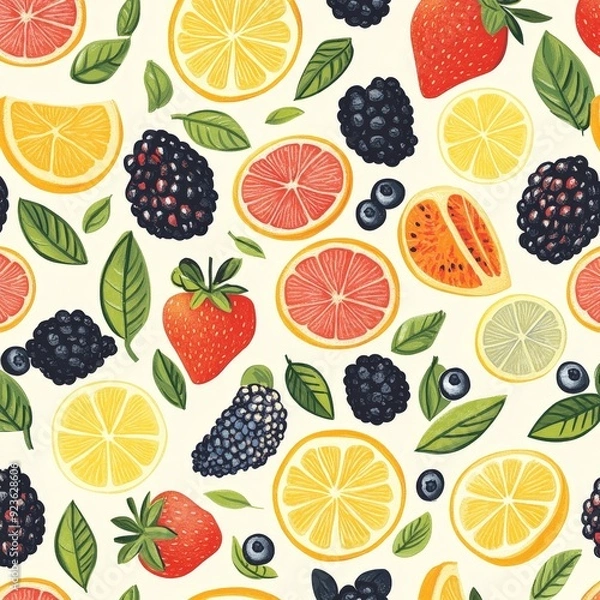 Fototapeta Colorful seamless pattern of vibrant fruits, creative and fresh design for textiles