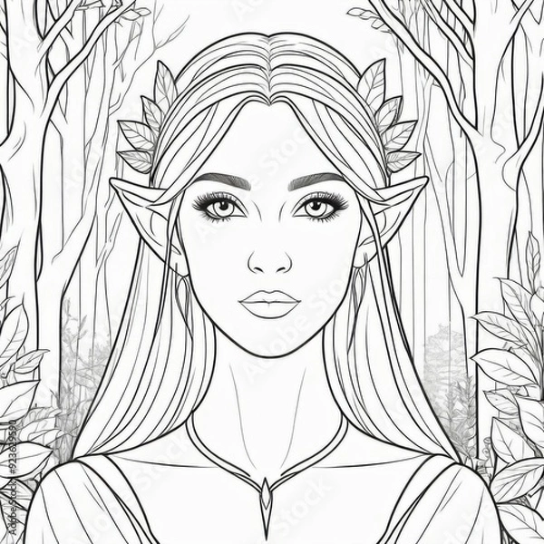 Fototapeta elf girl in a magical forest coloring book. Generative ai