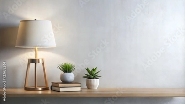 Fototapeta Lamp, books and succulent plant on the shelf against empty wall mockup on white background