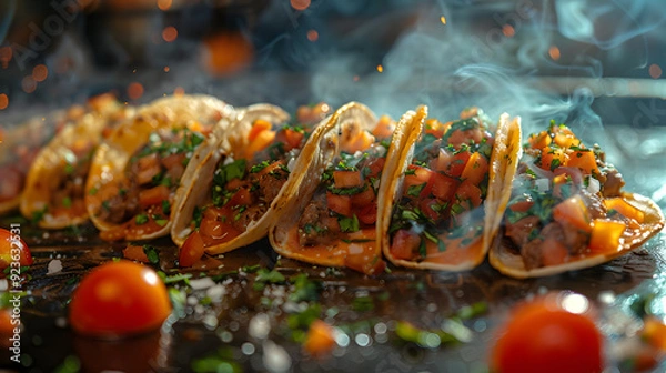 Obraz Savor the experience of enjoying delectable tacos made with fresh ingredients in a smoky ambience. Perfect for food blogs, culinary websites, and highlighting Mexican cuisine