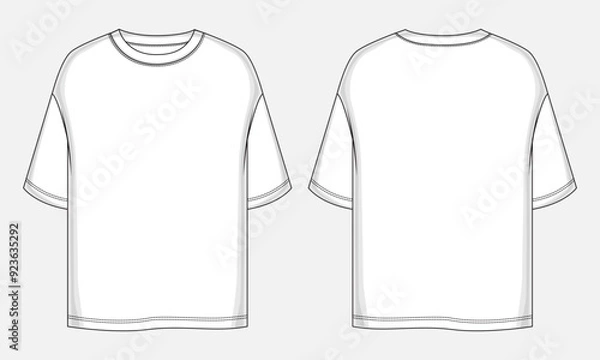 Fototapeta Short sleeve t shirt technical drawing fashion flat sketch vector illustration template front and back views. 
