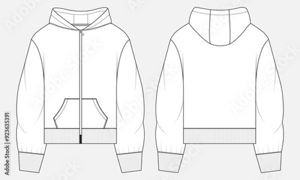 Fototapeta Long sleeve hoodie technical drawing fashion flat sketch vector illustration template front and back views. 