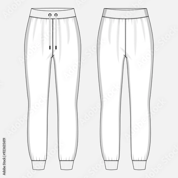 Fototapeta Jogger sweatpants technical drawing fashion flat sketch vector illustration template for ladies. Apparel leggings mock up cad